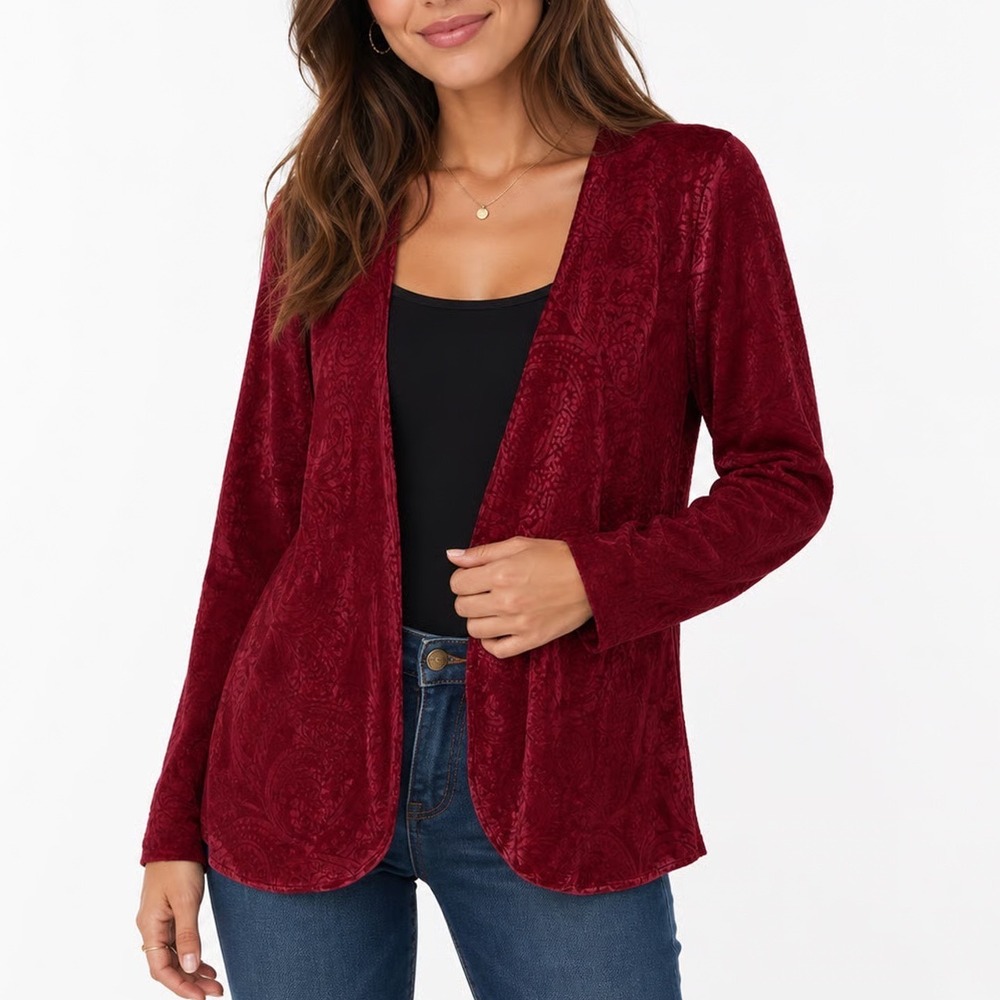 Torrid Womens Plus Size 1 Burgundy Red Velvet Paisley Open Front Cardigan Jacket - Picture 1 of 6